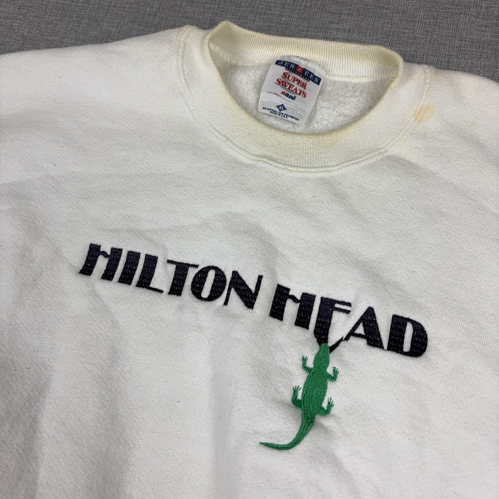 Vintage Jerzees Sweatshirt Mens XL White Crewneck Hilton Head Lizard Graphic USA